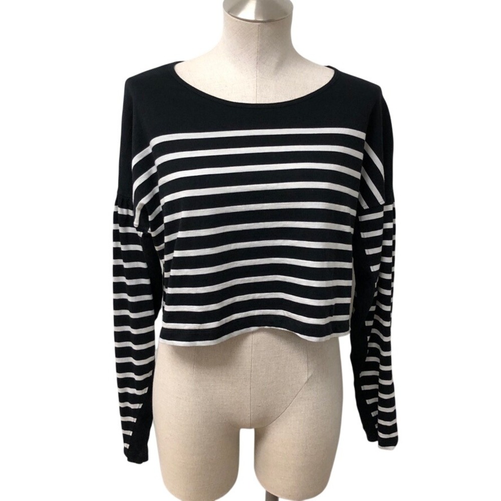 La Ligne Striped Top Womens Medium Black White Cropped Puff Sleeve Cotton